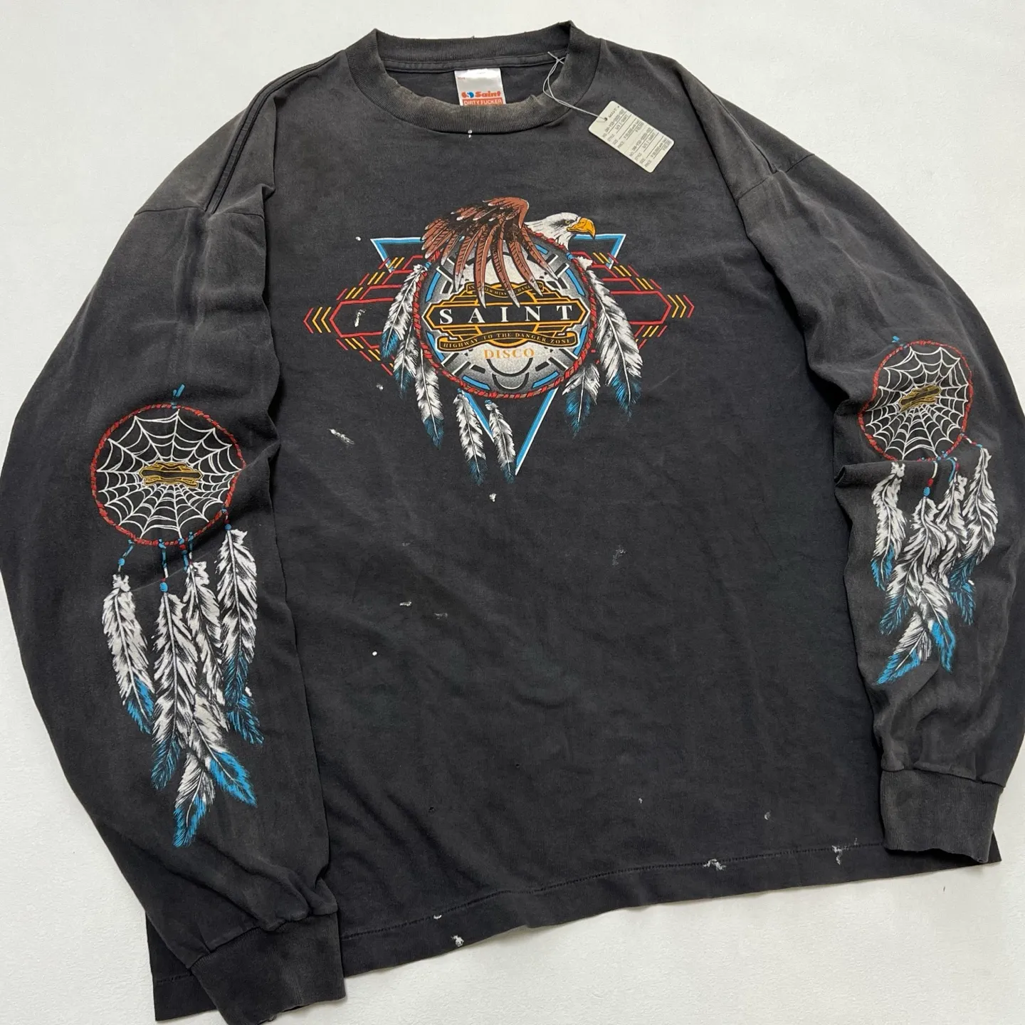 SAINT Mxxxxxx x TEFLON DISCO SAINT DISCO ML_LS TEE/BLK Eagle Feather Spider Web Distressed Long Sleeve S-XL Ready-to-wear Assute dyeing, water spray fading treatment, customized TEFLON DISCO co-branded accessories, hand-splashed ink, wormhole fraying treatment, genuine level printing process